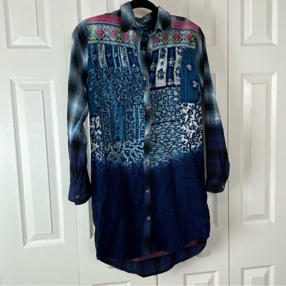 Tolani Tina Turq Plaid Tunic button shirt dress patchwork, embroidered, dip dye